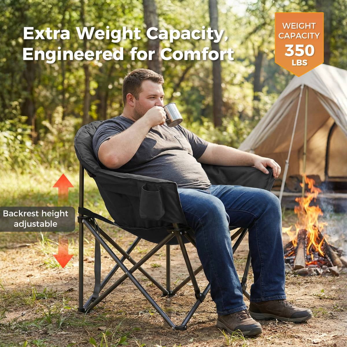Oversized Folding Moon Chair, Padded Heavy-Duty Camping Chair with Multi-Pocket & Carry Bag, Portable Outdoor Chair for Camping Fishing Beach Backyard