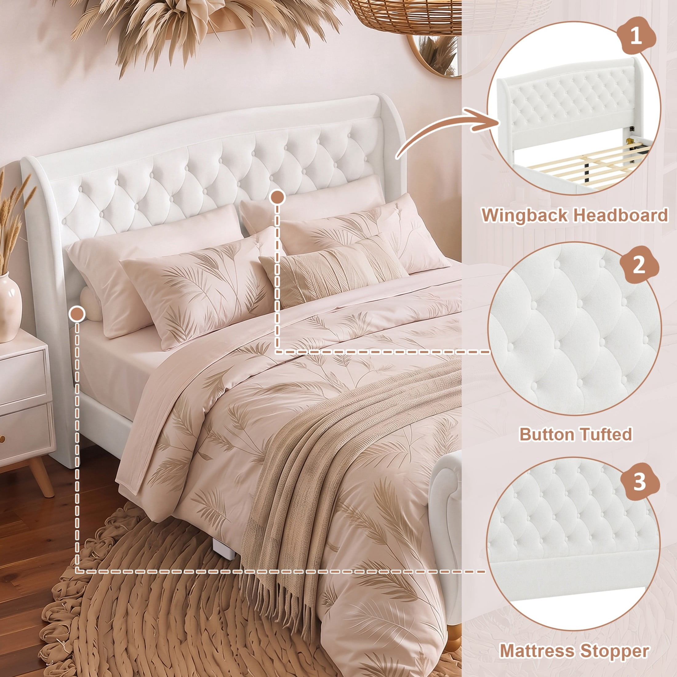 GDF Studio Orlan Queen Size Velvet Upholstered Sleigh Platform Bed Frame with Wood Slat Support, Modern Design, Beige White