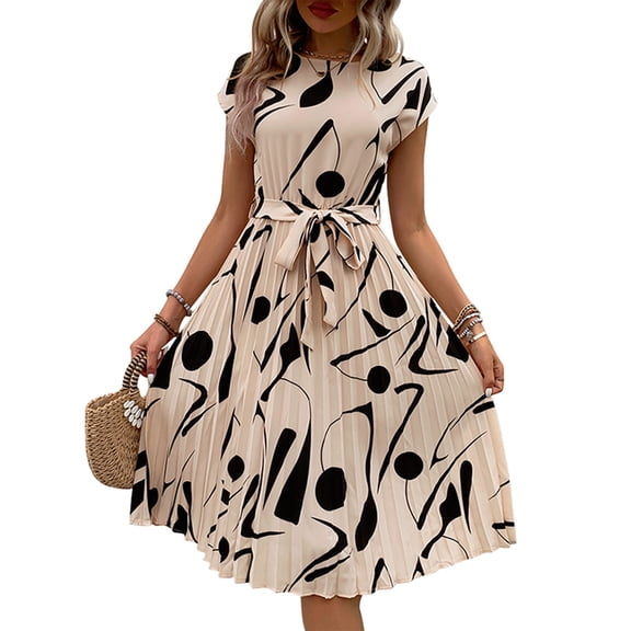 WTOBBY Women's Casual Fashion Abstract Print Pleated Cuff Dress with Unique Pattern and Relaxed Fit for Artistic Style Outings,Beige L