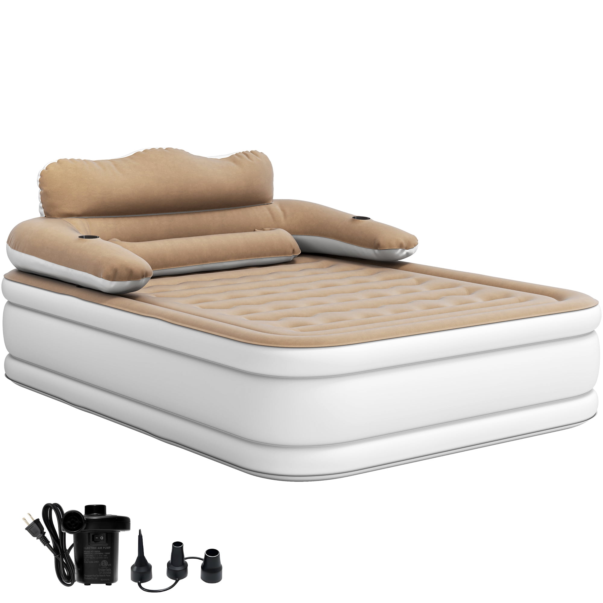 Uforic Inflatable Queen Air Bed, 18" Thick Mattress with Headboard, Built-in Pillow and Electric Air Pump, Brown, Indoor Outdoor Use