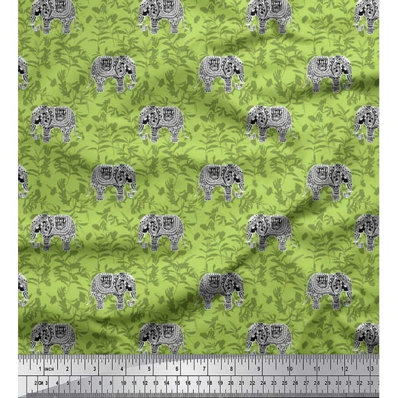 Soimoi Green Cotton Voile Fabric Leaves & Artistic Elephant Animal Print Fabric by Yard 42 Inch Wide
