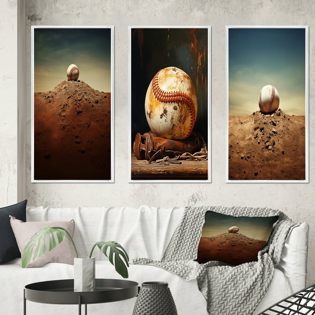 Designart "Pitcher s Mound in Baseball II" Sports Framed Wall Art Set Of 3 - Beige Sport Baseball Frame Gallery Wall Set For Home Decor