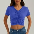 thumbnail image 2 of Lenpel Crop Tops for Women Casual Short Sleeve V Neck Ruched Solid Color Cropped T-Shirts Trendy Summer Clothes, 2 of 5