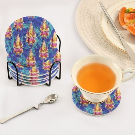 

Christmas Magical Lights Set of 6 Durable Woven Polyester Coasters with Black Storage Rack 4in