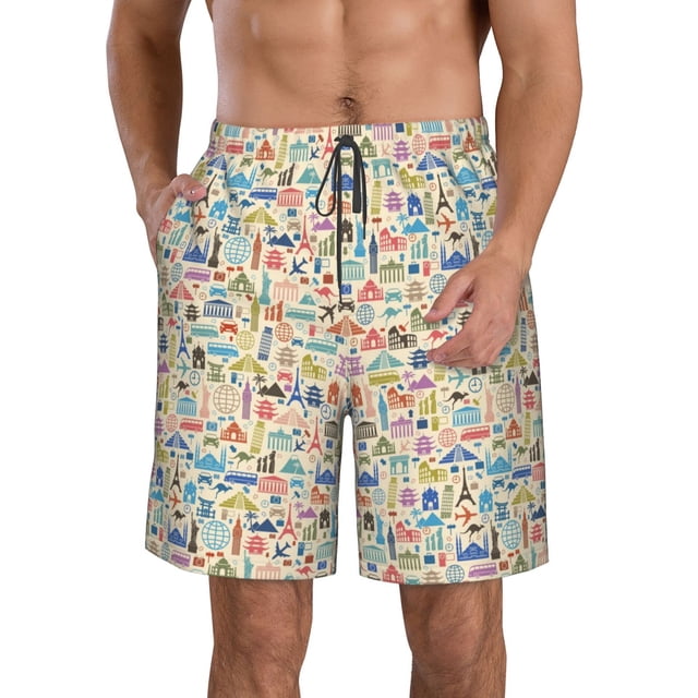 Balery Famous Places Traje de Baño Estilo Hawaiano para Hombre, Shorts de Secado Rápido con Bolsillos-Small