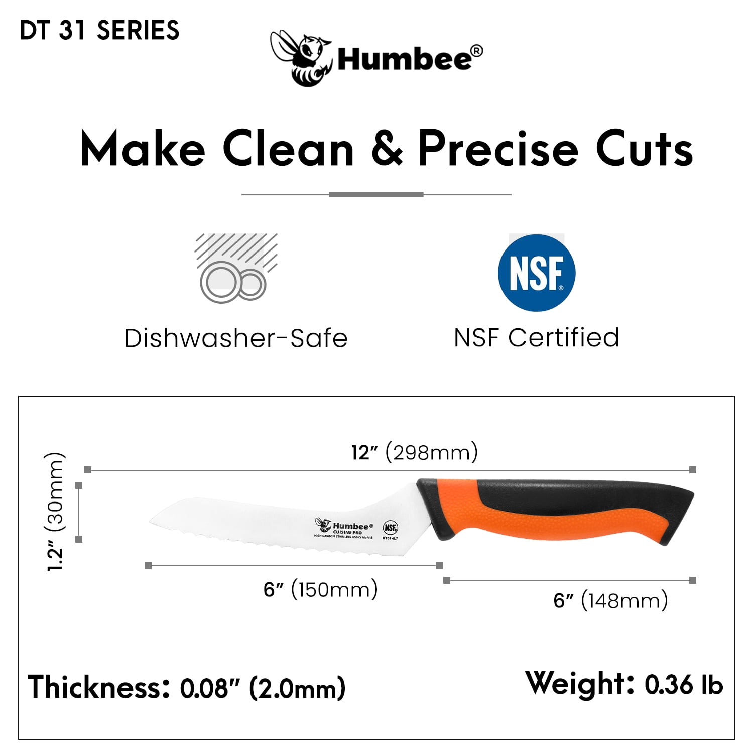 HUMBEE 6-Inch Offset Bread Knife with Width Wave Teeth (Serrated), Orange, DT-31 Series