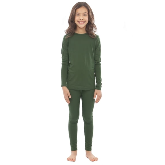 Bodtek Girls Crewneck long johns base layer Set (Olive Green Large)