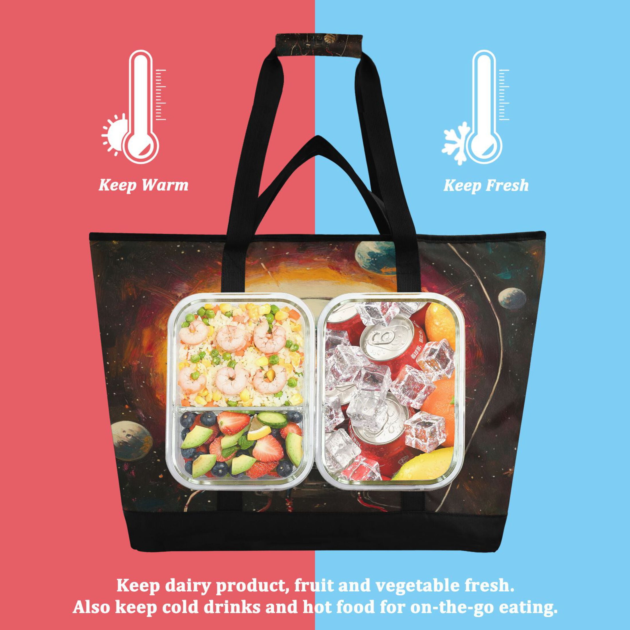 Large Hand-held Ice Pack Picnic Bag Insulation and Refrigeration Suitable for Shopping Picnics and Camping Astronaut Black Cat