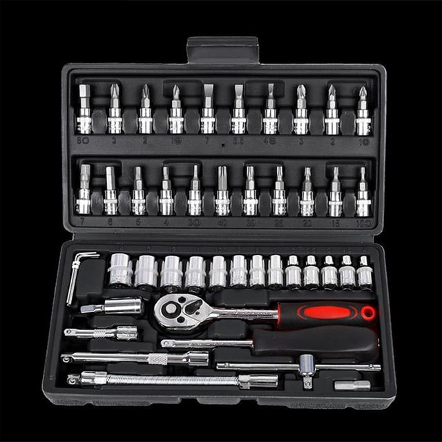 yeacher 46-Piece Ratchet Wrench Socket Tool Set with Black Toolbox & Red Handle for Home, Auto, and Bike Repair