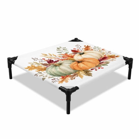Thanksgiving Elevated Dog Bed Fall Orange Green Pumpkin Maple Eucalyptus Leaf Cooling Breathable Outdoor Raised Dog Cot Bed with Metal Frame Non-Slip Feet for Small Dog 20x20in