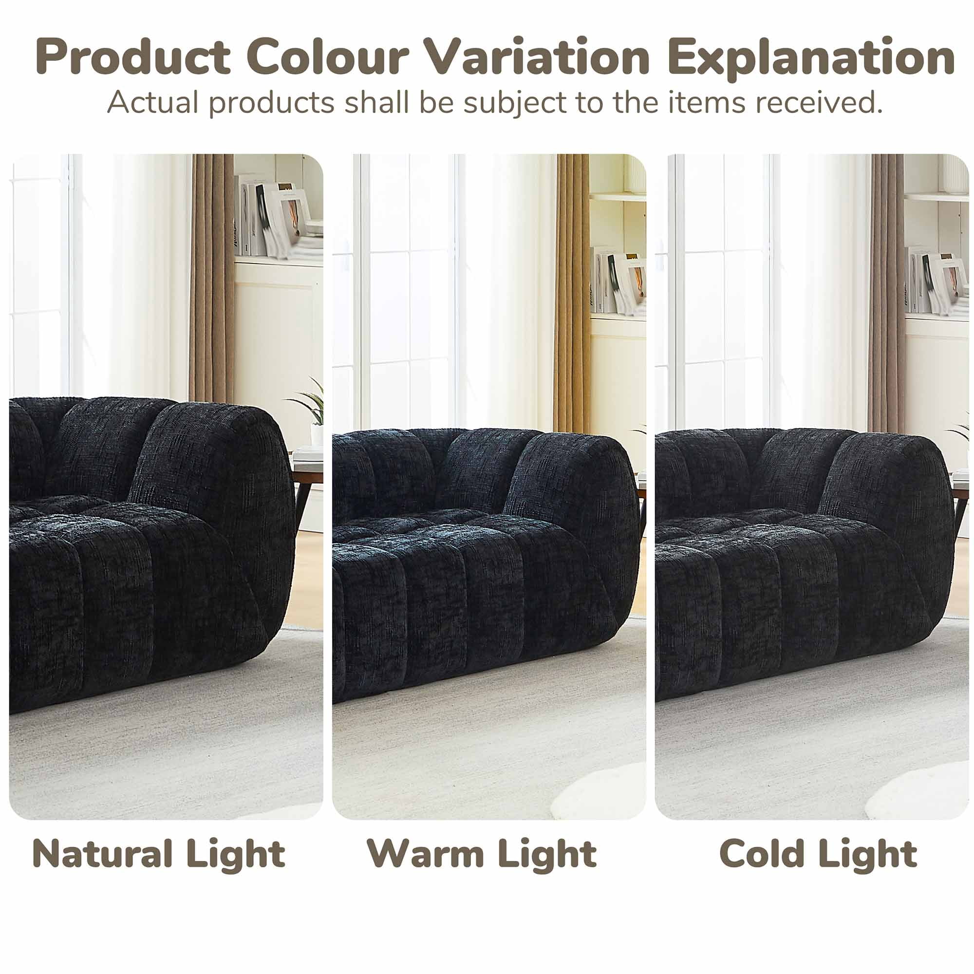 Lunale 3-Seater Boneless Sofa, No Assembly Required, Modern Cloud Couch for Living Room, Apartment, Black Chenille