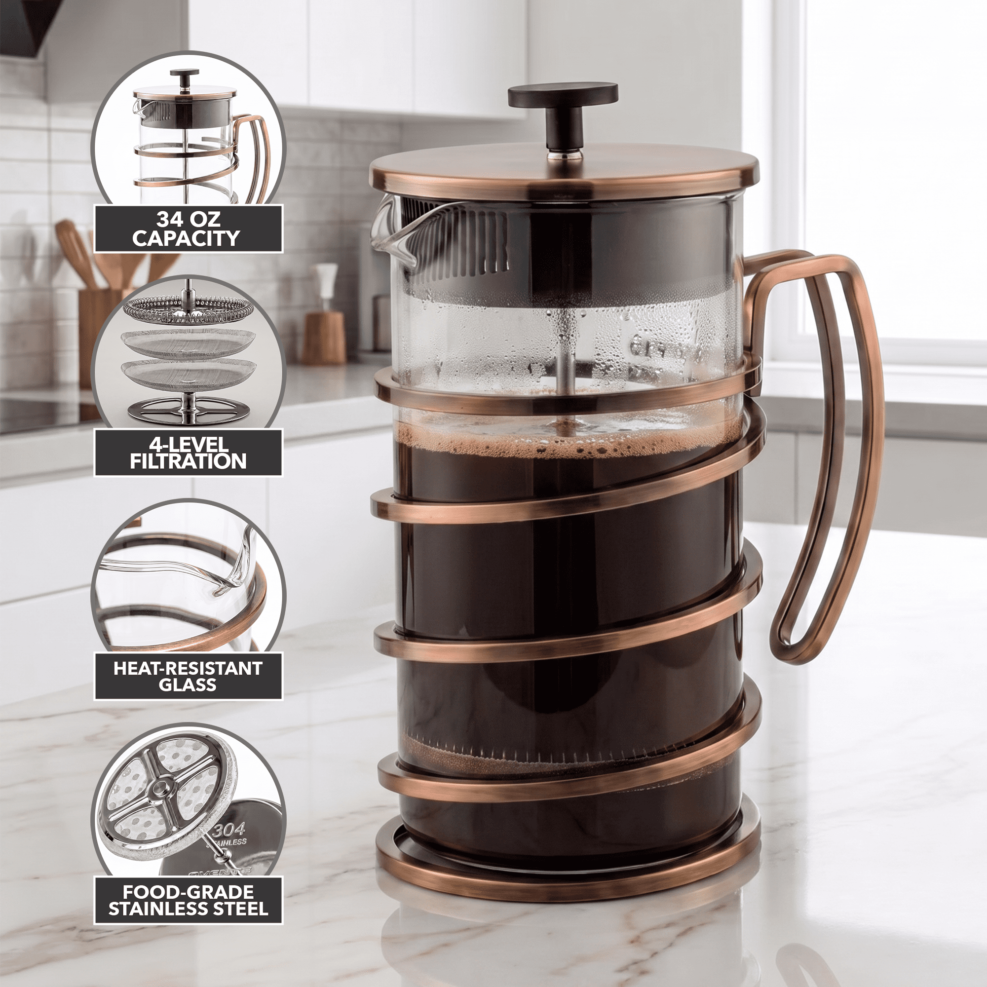 OVENTE 34 Ounce French Press Coffee & Tea Maker, Borosilicate Heat