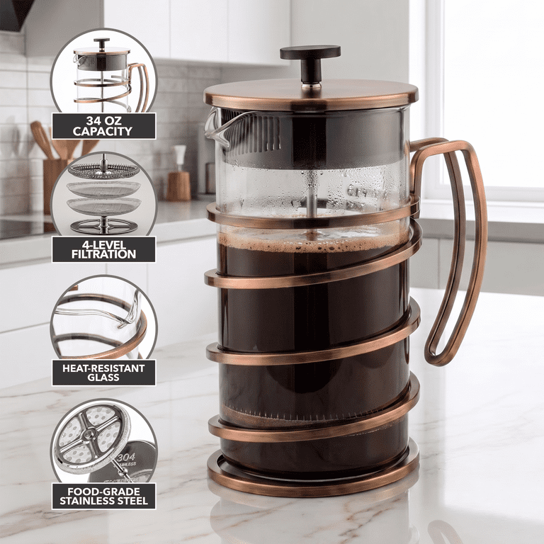 OVENTE 34 Ounce French Press Coffee & Tea Maker, Borosilicate Heat