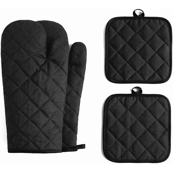 Heavy Duty 500°F Heat Resistant Oven Mitts and Pot Holder Sets, 12" Long 100% Cotton 4-Piece Kitchen Set,Black,7X12in