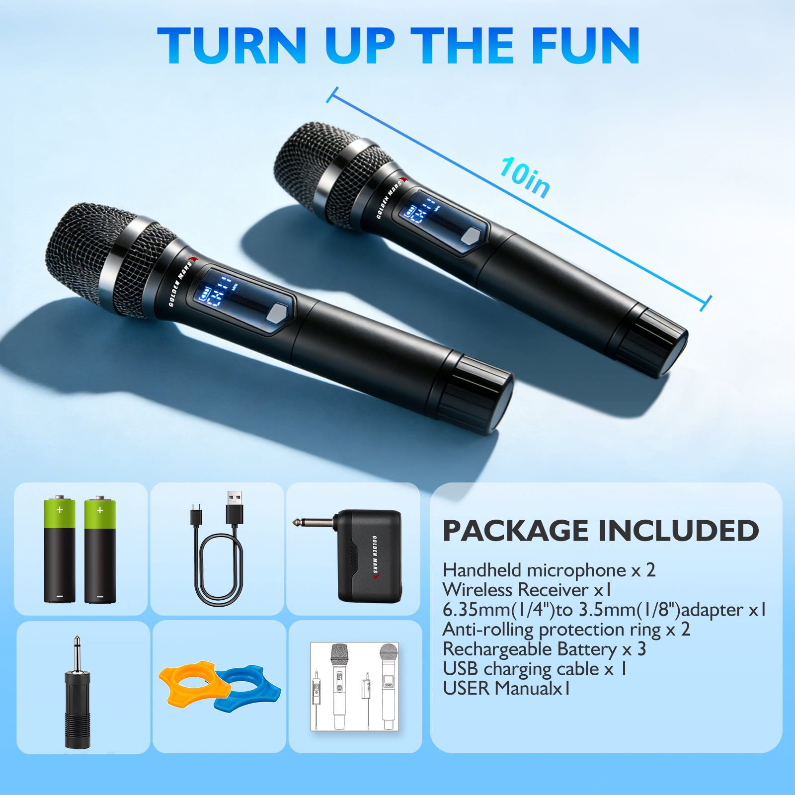 Wireless Microphone, Professional Updated 2.4G Rechargeable 2 Handheld Microphones System with 300 FT Extra Long Distance Stable Receiving for Karaoke Singing Wedding DJ Party Speech Church Classroom