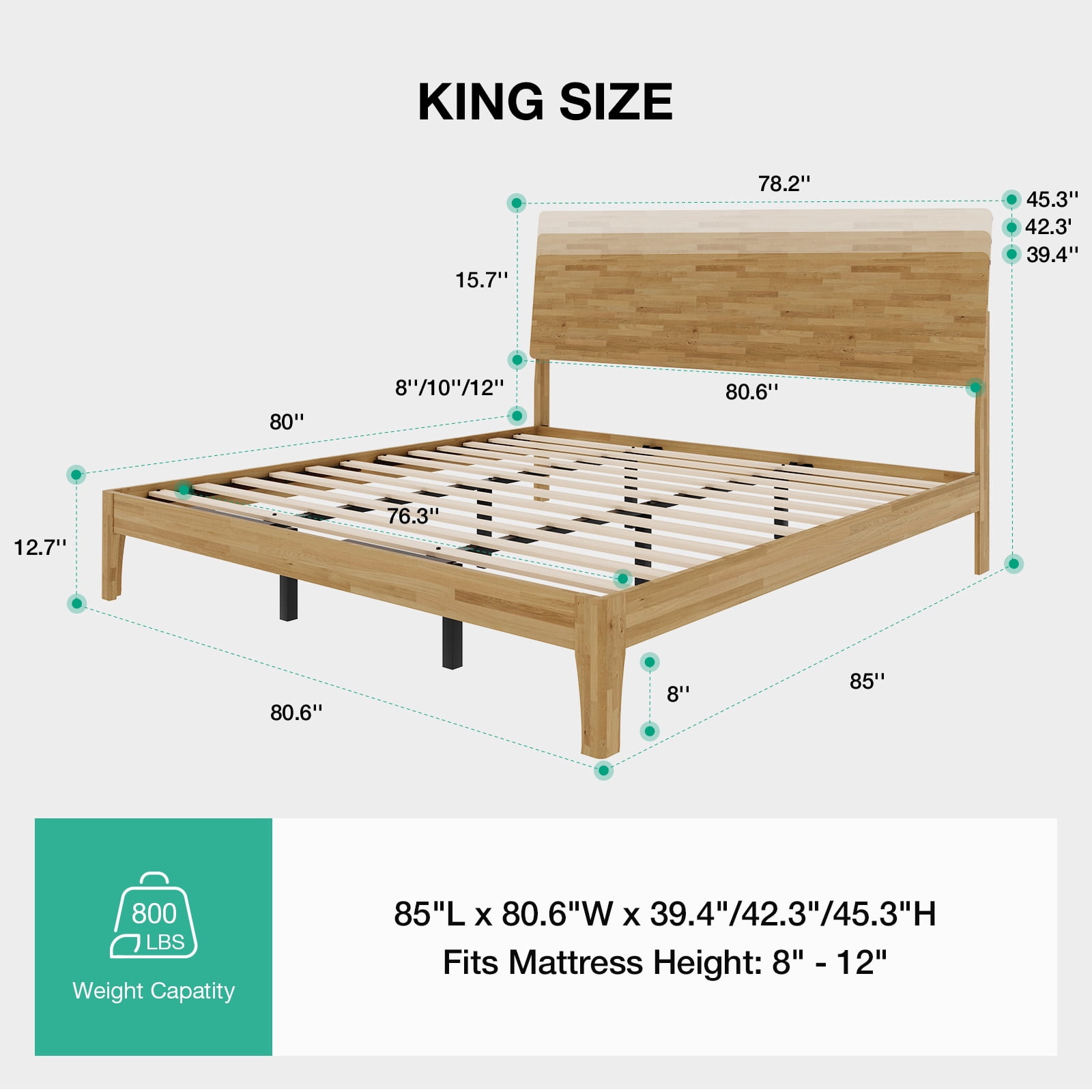 Novilla Bed Frame - King Size Solid Wood Platform Bed with 3-Level Adjustable Headboard, Solid Wood Slat Support, No Box Spring Needed, Nature