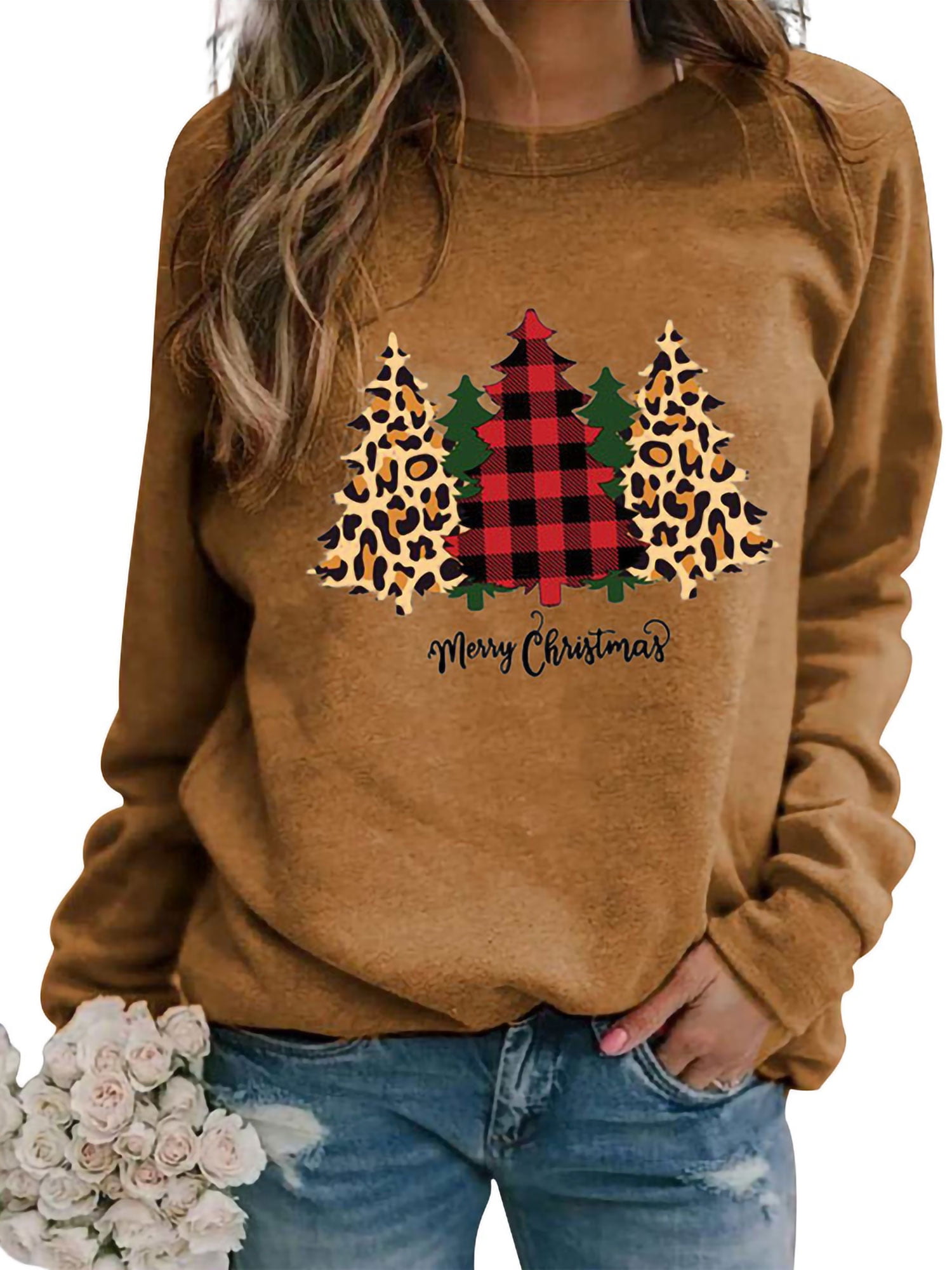 Gifts for Women Christmas Trees Christmas Sweatshirt Buffalo Plaid Shirt Leopard Printed Holiday Shirt,Merry Christmas Crewneck Sweater