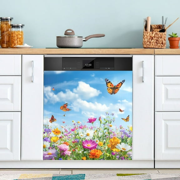 Dishwasher Sticker Dishwasher Cover Magnet Refrigerator Home Decorative Art Kitchen Panel Decal Colorful Wildflowers Butterflies 23x26 Inch