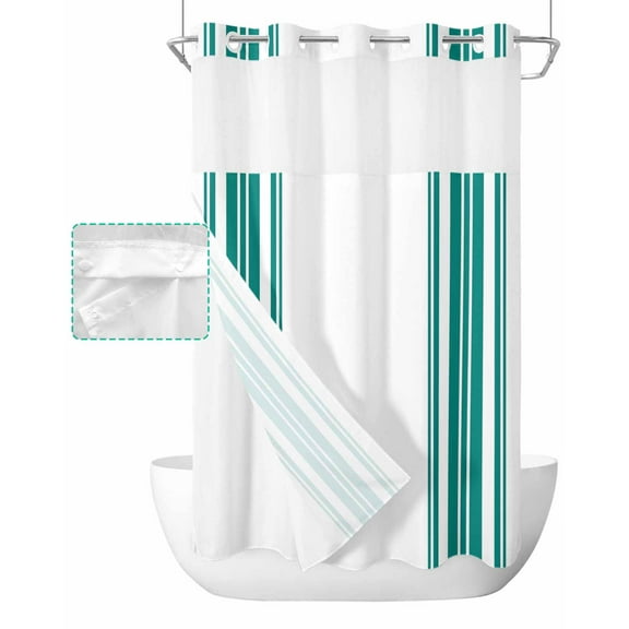 No Hook Shower Curtain with Snap in Liner, Colorful Stripes Teal Green Wood Texture White Hotel Shower Curtains for Bathroom, Washable Shower Curtain Liner Set with Mesh Top Window, 36"x72"