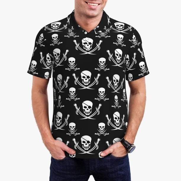 Balery Pirate skulls Camisa Polo de Hombre con Estampado, de Manga Corta y Tejido Medio, Camisa Tipo Golf Polo-Small