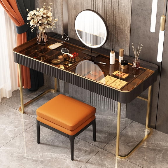 Lartis Makeup Vanity,Dresser Stool Set,Dresser,Computer Desk,partitioned Storage,Smart Socket,LED Makeup Mirror (Black Brown, 50 in)