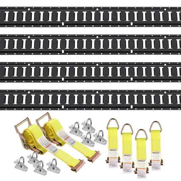 VEVOR E Track Tie-Down Rail Kit, 18PCS 5' E-Tracks Set Includes 4 Steel Rails & 8 O-Ring Anchors & 4 Tie-Offs with D-Ring & 2 Ratchet Straps, Securing Accessories for Cargo Motorcycles Bikes, 2000 lbs