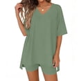 thumbnail image 4 of Mifsaly 2 Piece Short Sets for Women Oversized V Neck T Shirt and High Waisted Shorts Soft Breathable Athletic Workout Outfits 2026 Green,S, 4 of 7