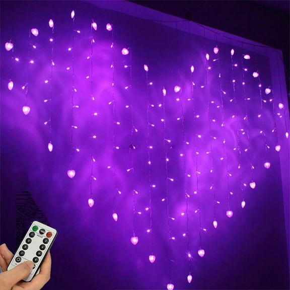 LINLIN Heart Shape Curtain Lights, USB Powered 34Hearts 128LED Window Curtain Fairy String Lights with Remote Control Twinkle Lights for Christmas Wedding Party Valentine Room Decoration