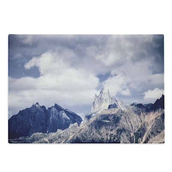 Alaska Cutting Board, Craggy Peaks in Southeast Alaska Fall Season Mountains Landscape Photo, Decorative Tempered Glass Cutting and Serving Board, Large Size, Grey White Sky Blue, by Ambesonne