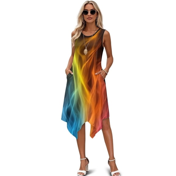 FUIALDOLG Fire Flames Dresses for Women Summer Casual Round Neck Sleeveless Ruffle A-line Flowy Midi Dress with Pocket Plus Size Dresses for Holiday Party,Casual Work,S