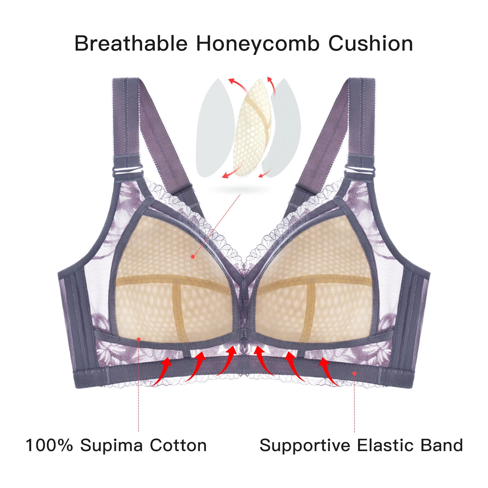 AILIVIN Women Wireless Bras Comfort Back Support Women Full Figure Lace Bra Women Bras Adjustable Wider Straps Full Coverage Lifting Up Bra Minimizer Bras No Wire Bra Purple 38D