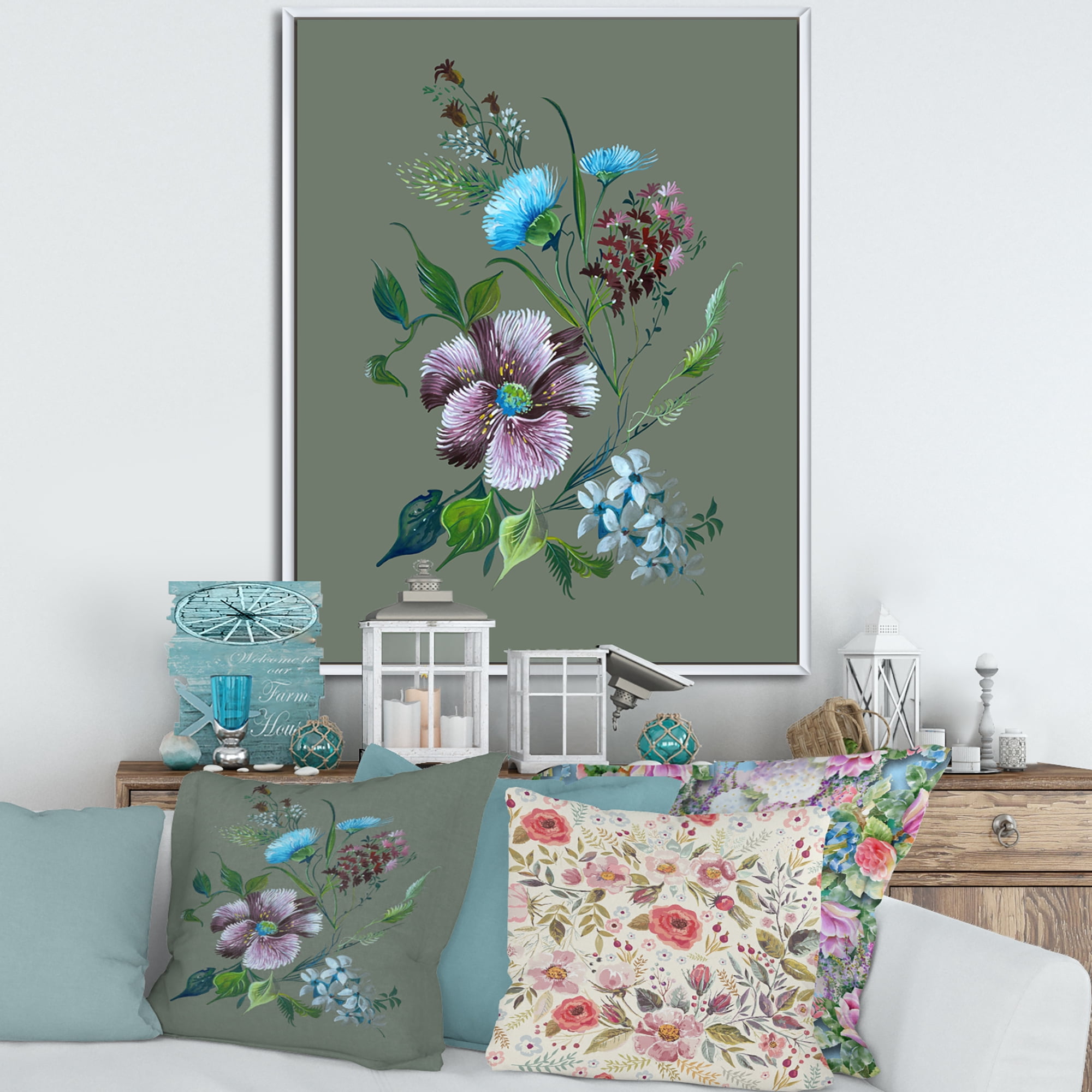 Designart 'Turquoise and Purple Spring Flowers' Traditional Framed Canvas Wall Art Print