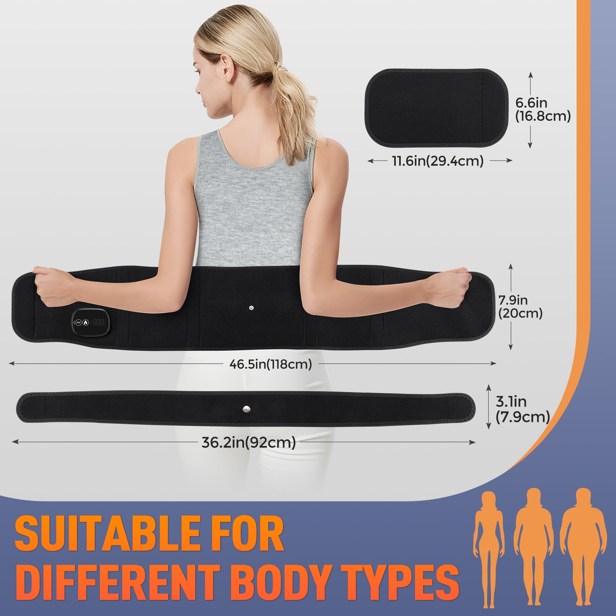 Waist Heated Massager, Lower Back Heating Pad with Led Light & Massage, Back Heated Massage Brace Wrap with 3 Heating & Vibration, 30min Auto Off, 5000mAh Battery, Extension Strap, Black