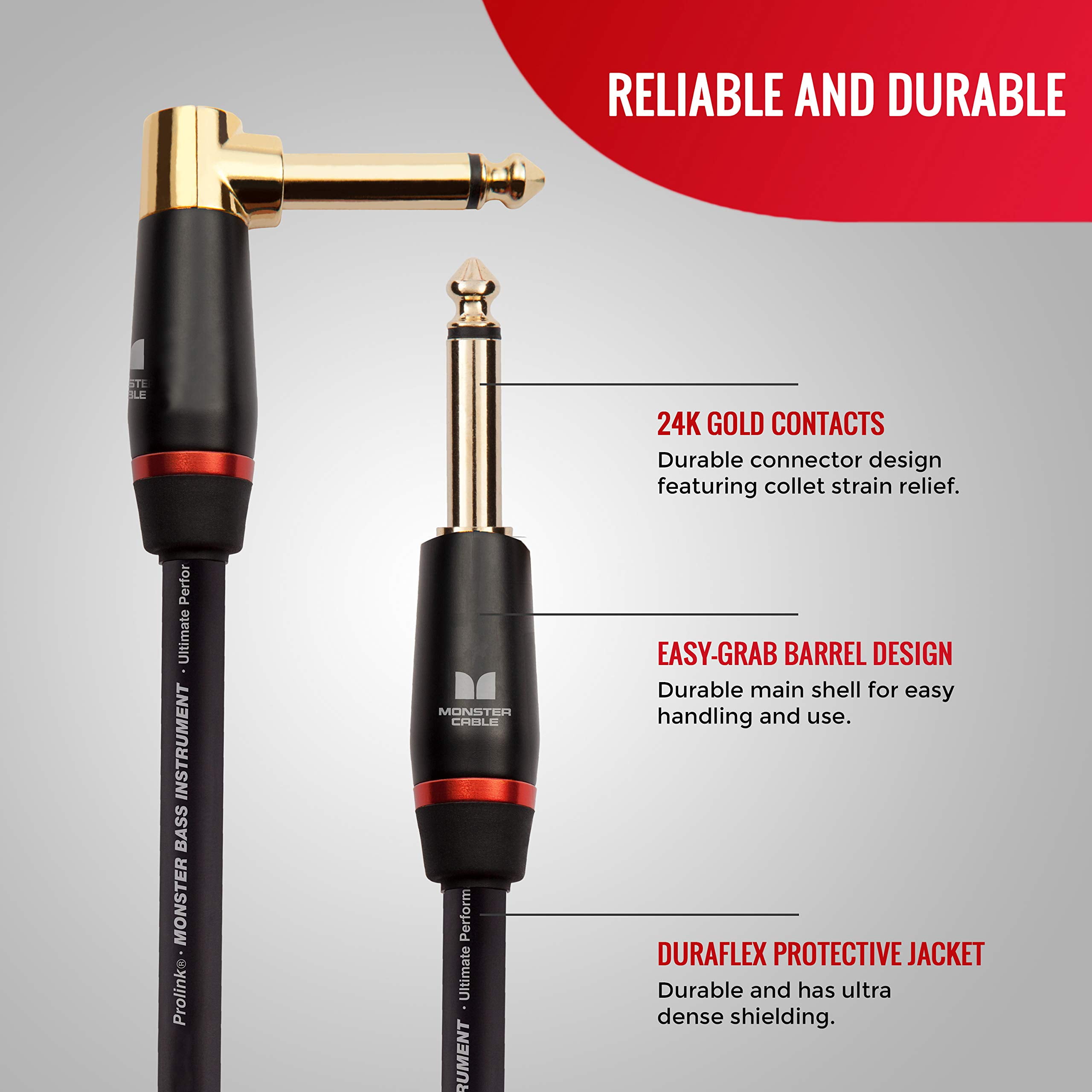 Monster Cable Prolink Monster Bass Pro Audio Instrument Cable, 21ft, Right Angle to Straight, Durable for Guitar & Bass, Black