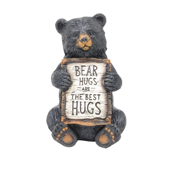 Black Bear Figurine with Sign “Bear Hugs Are The Best Hugs” – Collectible Resin Statue for Desk, Shelf, Cabin, Lodge, or Rustic Home Décor – Charming Woodland Gift for Animal and Nature Lovers