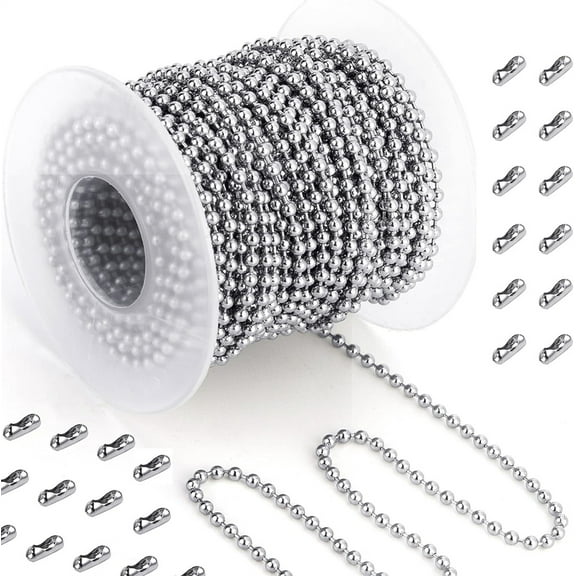 Tutuviw 33 Feet Stainless Steel Ball Chain, Necklace Bead Chain Ball Chain Bulk with 20 Pcs Matching Connectors Clasps for Necklace Hanging, Dog Tag, Bracelets DIY Crafts, 2.0mm Diameter