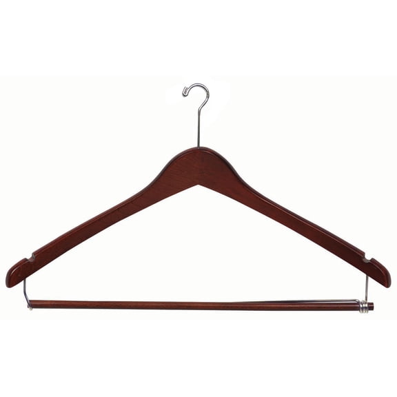 Wooden Curved Suit Hanger with Anti-Theft Mini Hook and Locking Bar, Walnut Finish with Chrome Hardware, Box of 100