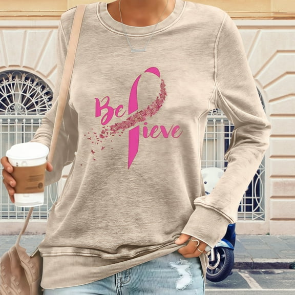 Zunfeo Fall Tops for Women Casual Breast Cancer Awareness Shirts Cozy Long Sleeve T Shirts Christmas Gift Beige