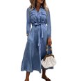 thumbnail image 2 of Vestido largo de mezclilla para mujer de VISgogo, vestido de manga larga con cuello vuelto de Color sólido, vestido informal de primavera con botones y cinturón VISgogo moda, 2 of 9