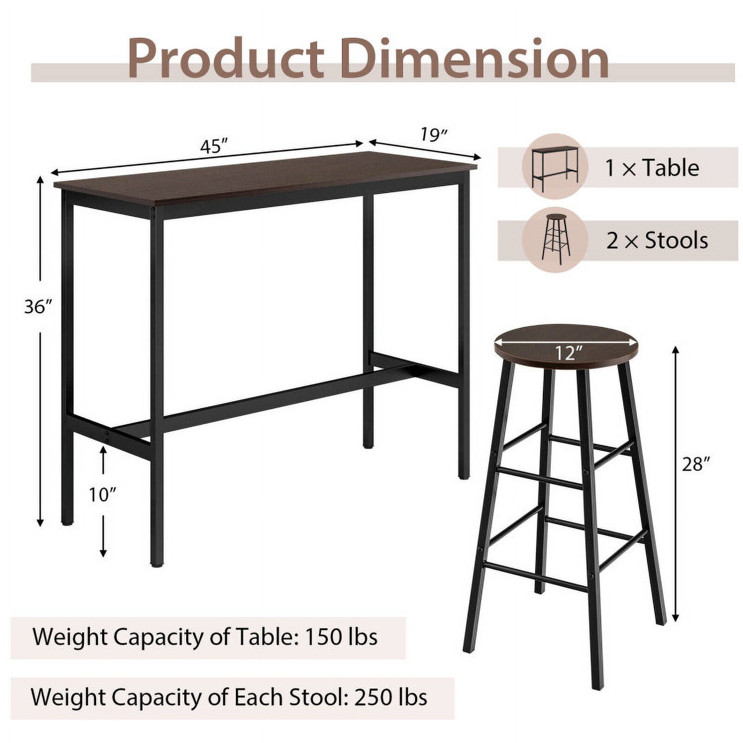 Finihen Dining Set, Dining Table Set, 3 Piece Pub Table and Stools Kitchen, for Home, Restaurant, Brown Finihen Dining Set, Dining Table Set, 3 Piece Pub Table and Stools Kitchen, for Home, Restaurant, Brown