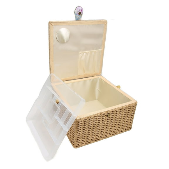 FitBest Sewing Basket Fabric Needle Storage Box Removable Tray
