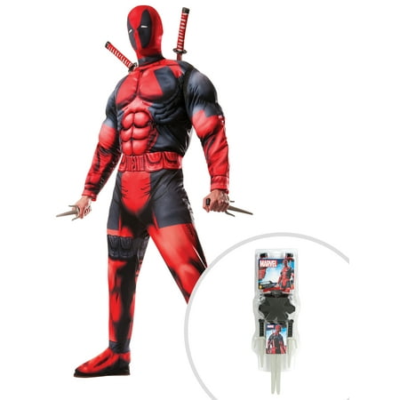 Adult Deluxe Deadpool Muscle Chest Costume and 5 Piece Deadpool Weapon Set