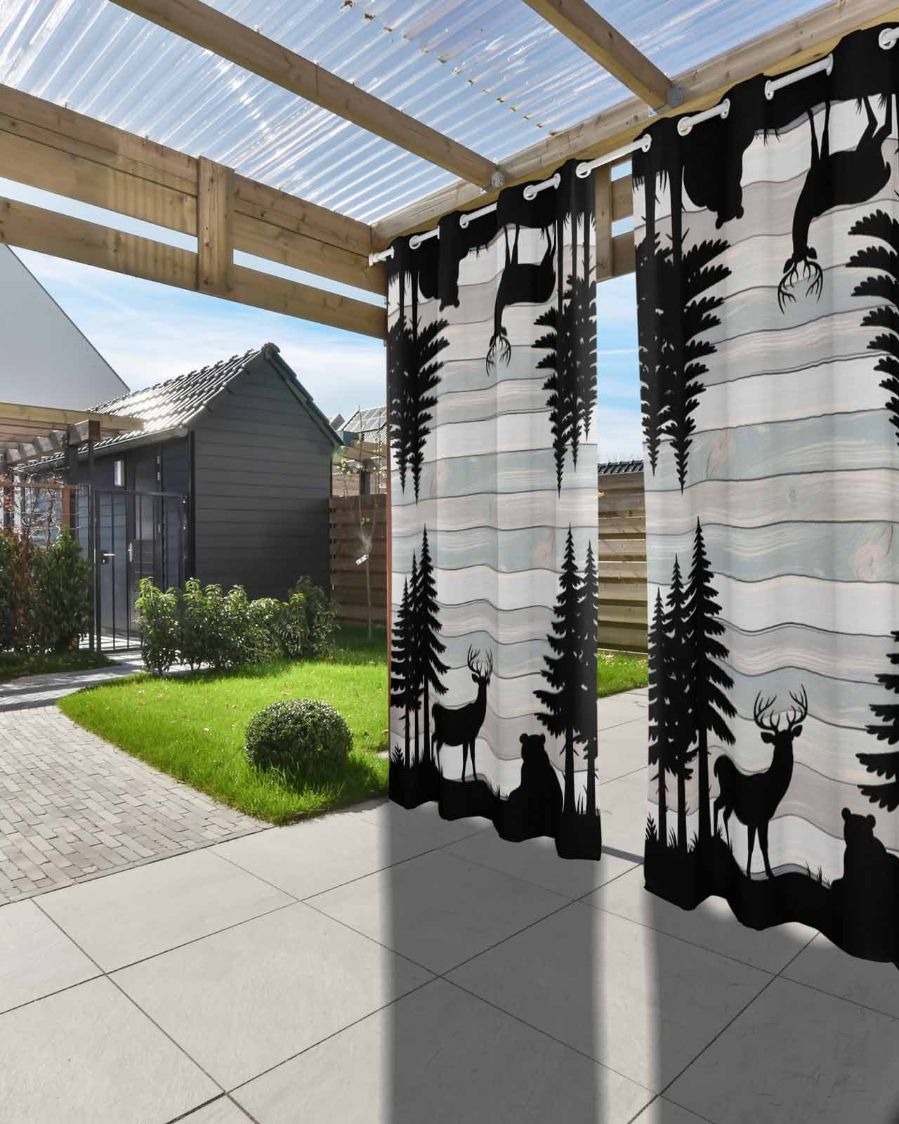 Forest Bear Outdoor Curtains for Patio, Silhouette Elk Stripes Tree Wood Grain Privacy Drapes Grommet Waterproof Outside Curtains for Porch/Cabana/Balcony 54"x 108", 2 Panel