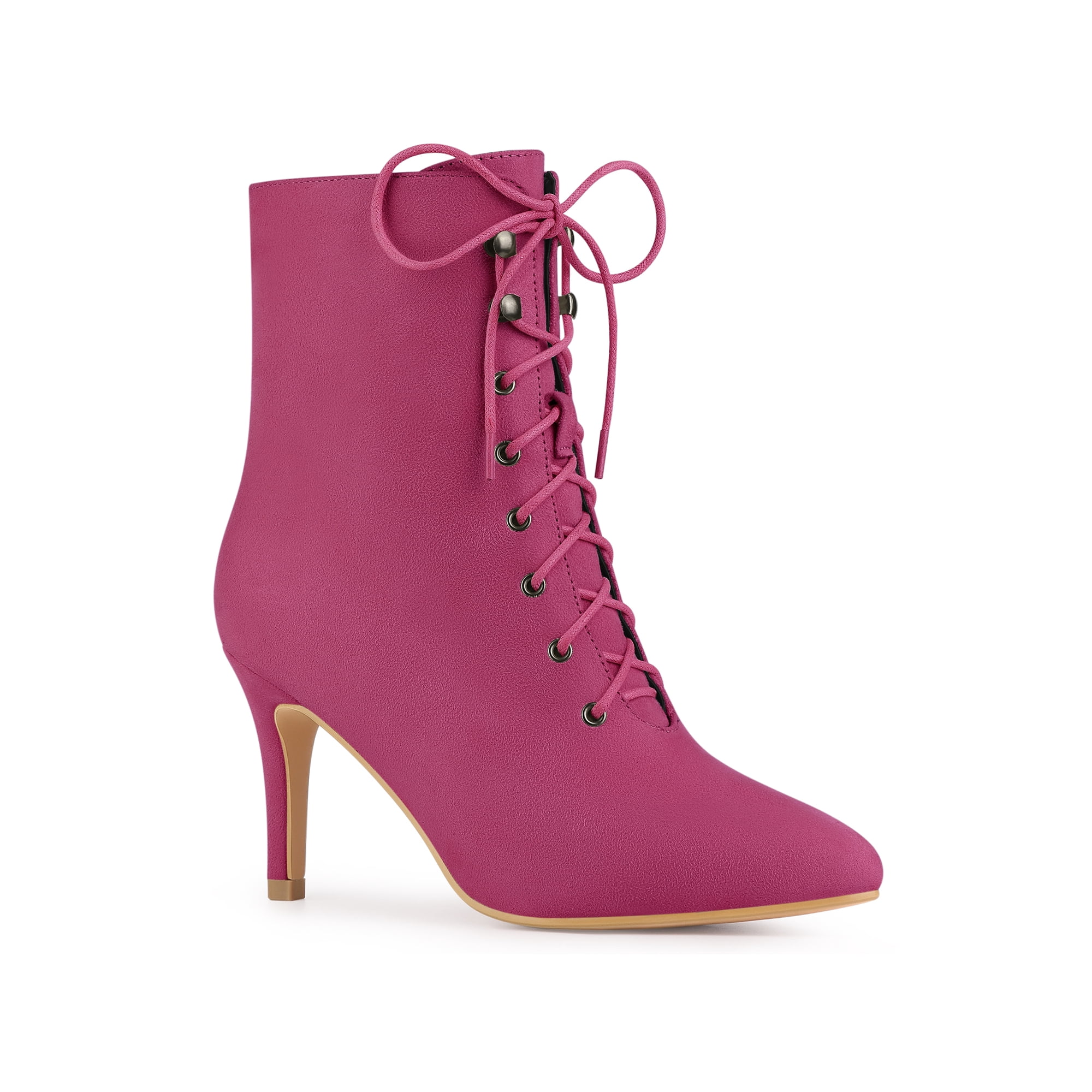 Unique Bargains Pointy Toe Zip Lace Up Stiletto Heels Ankle Boots for Women