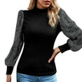 thumbnail image 1 of Suéter de punto de patchwork de lentejuelas de manga larga con cuello medio negro XL Gibobby, 1 of 5