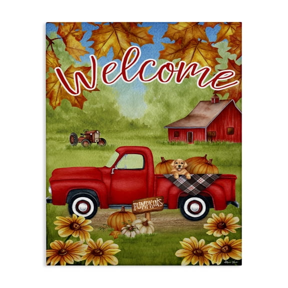 Stupell Industries Rustic Lodge Welcome Red Truck Autumn Leaves Canvas Art, 16 x 20, by Sheri Hart