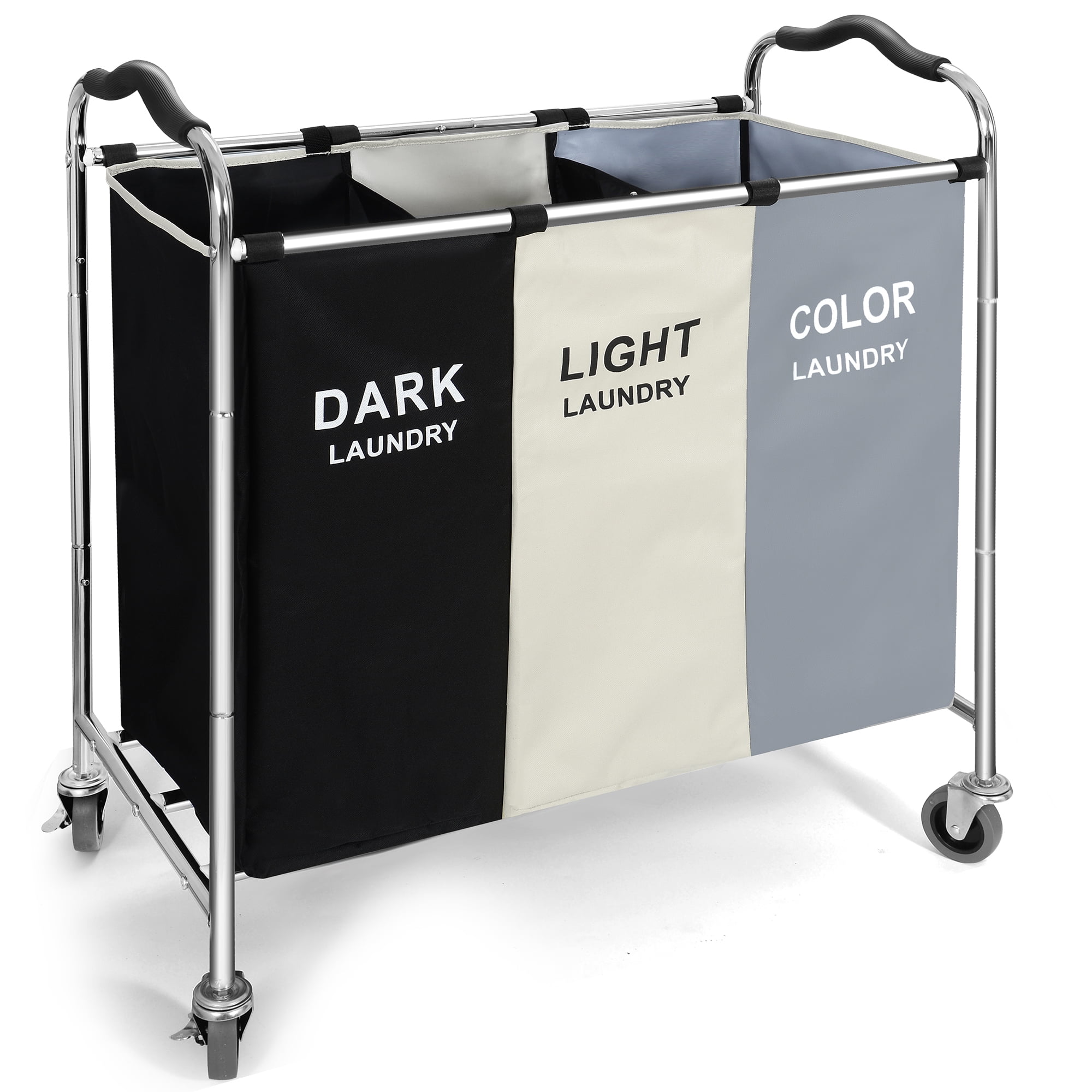 Large Black, Off-White, and Gray 3-Section Stainless Steel Laundry Sorter