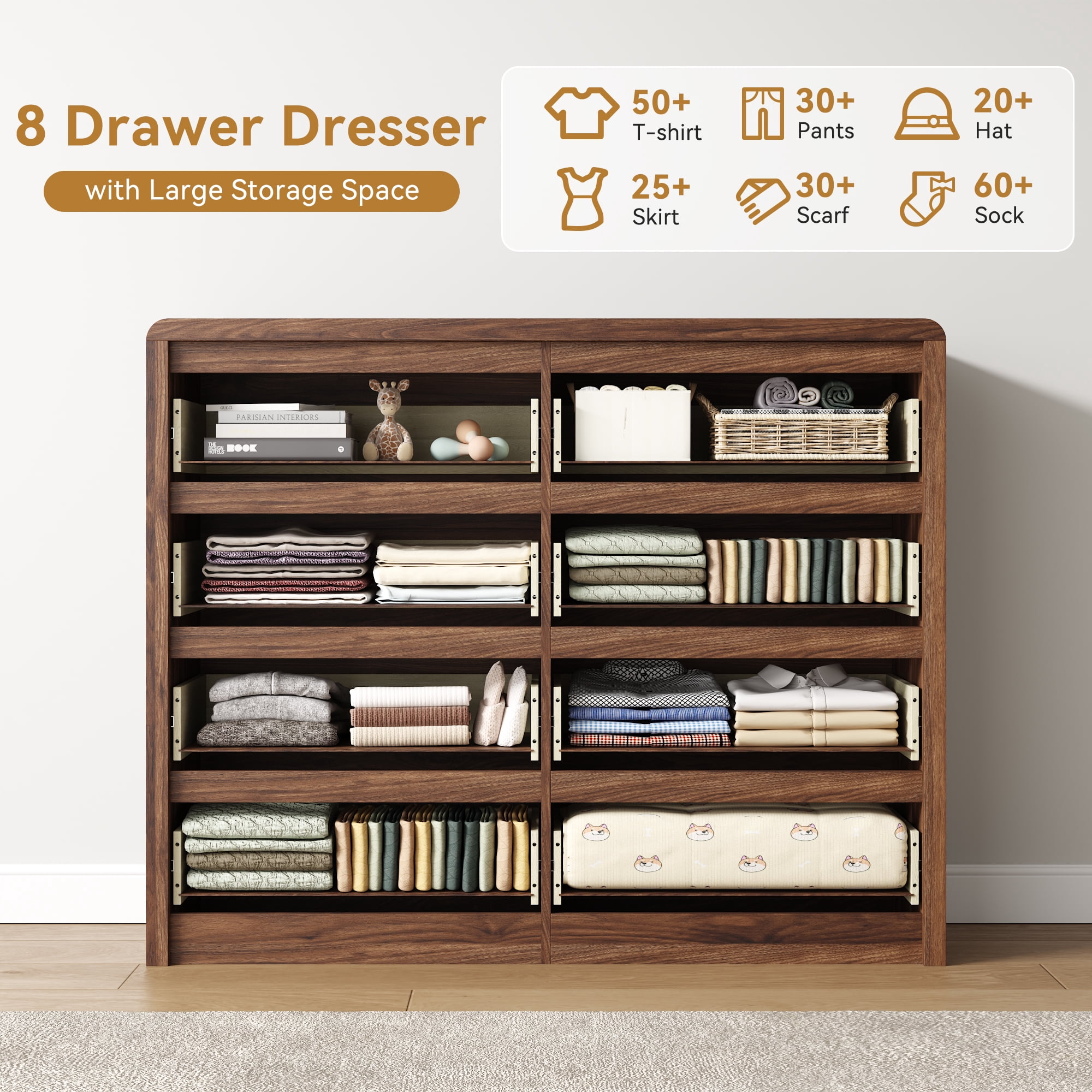 ASTUVIA 8 Drawers Dresser for Bedroom, 49.2" W Modern Chest of Drawers with Curved Profile Design, Mid Century Fluted Storage Dressers Organizer,Brown