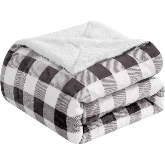 Elegant Comfort Soft, Reversible Buffalo Plaid Sherpa Blanket, Flannel Fleece Throw for Couch and Bed, Warm and Plush Winter Blanket, Twin, Gray