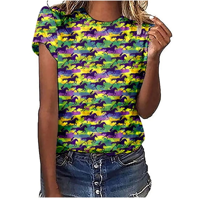 CFLVAEK T-Shirts d'Été Décontractés pour Femmes, T-Shirts Graphiques de Course de Chevaux Amusants, Grande Taille, Manches Courtes, Col Rond Confortable, 2025 S